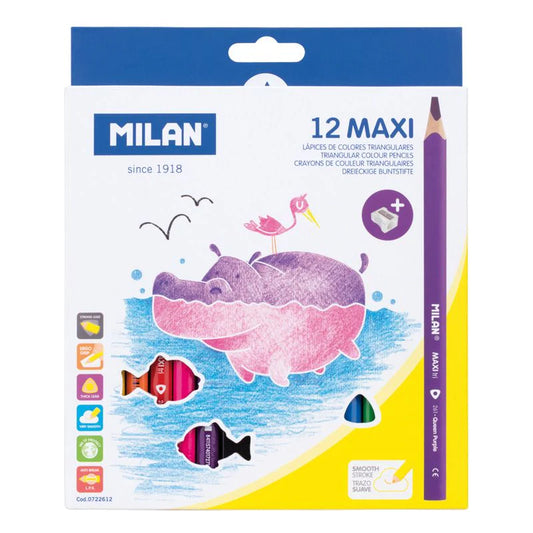 Milan 12 Maxi Triangular Colour Pencils + Sharpener